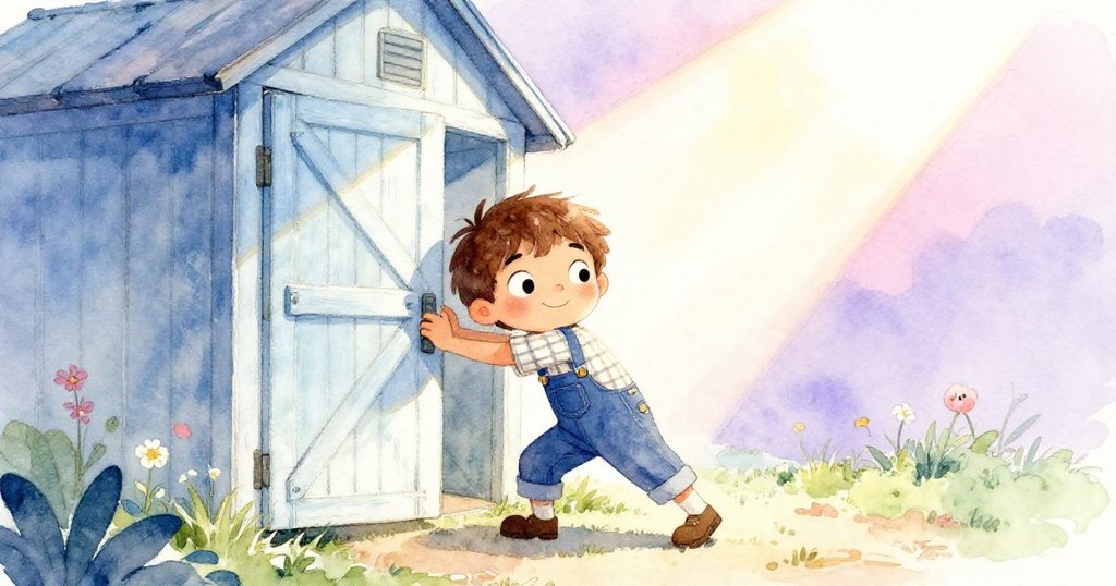 Mark用力推開陳舊的花園棚門，陽光透過門口照進來，充滿期待與懷舊感，場景散發冰藍與柔粉光影。