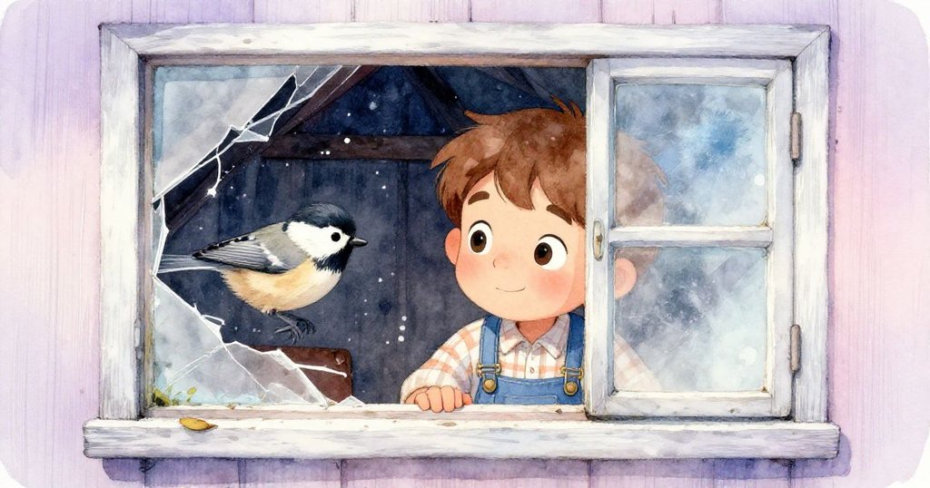 Mark透過破碎的窗戶凝視外面活潑的小鳩鵑，眼中充滿好奇，窗外與室內形成鮮明對比，展現柔和粉藍光影。