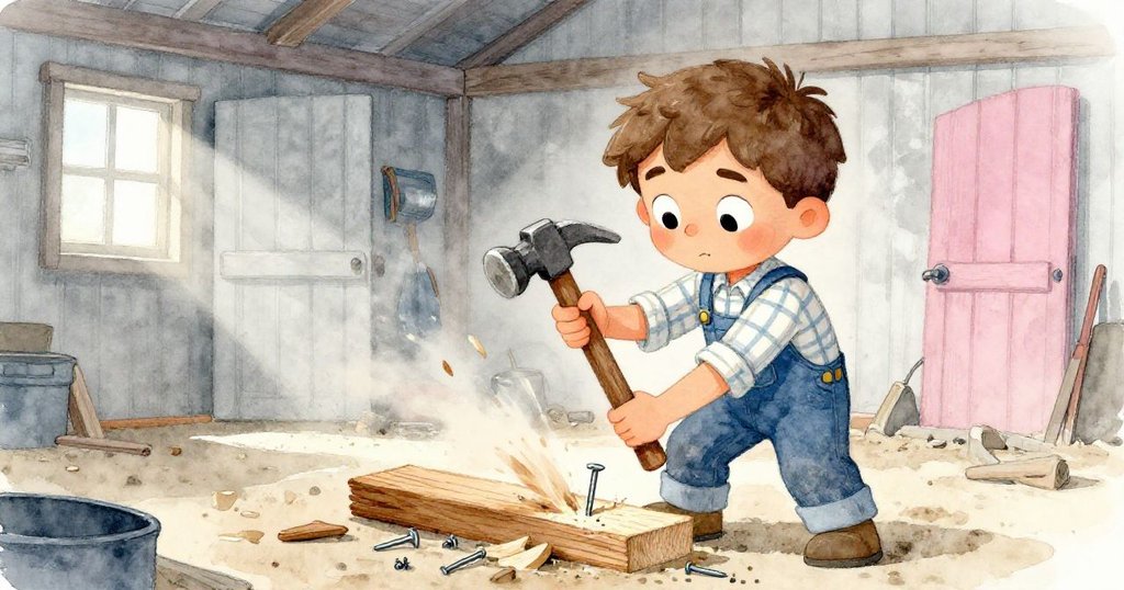 Mark正用力敲打釘子，木板劈裂釘子彎曲，許多螺絲撒落地面，他驚訝表情流露試錯情感，場景充滿銀灰與冰藍光影。