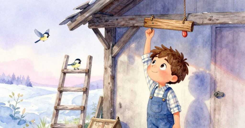 Mark滿意地欣賞掛在舊橫樑上的木牌，救來的梯子旁，小鳥在窗外飛舞，場景寧靜勝利，散發淡薰紫與冰藍溫暖光輝。