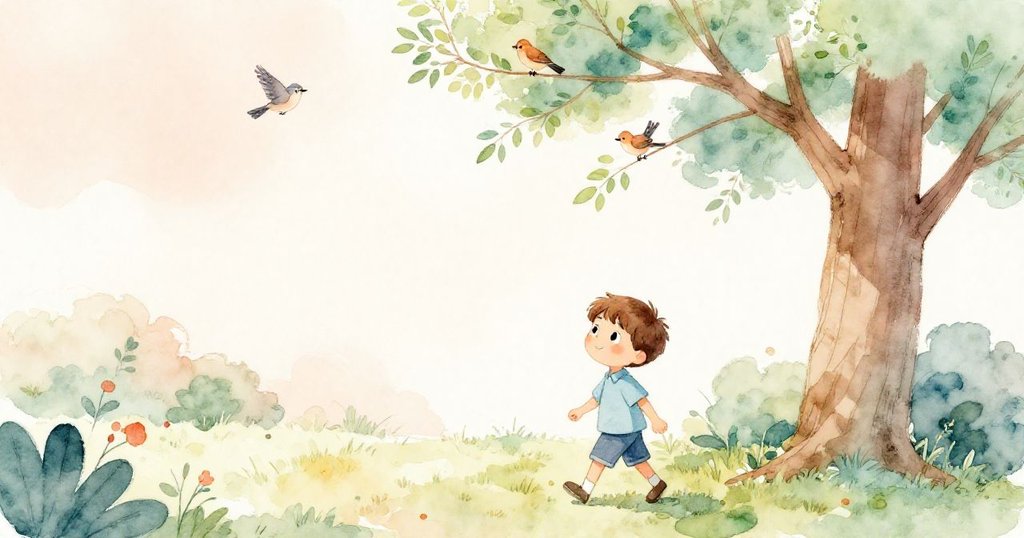 米洛在溫暖庭院中行走，背景高大樹木和跳躍的小鳥營造出寧靜自然氛圍，充滿探險開始的期待。