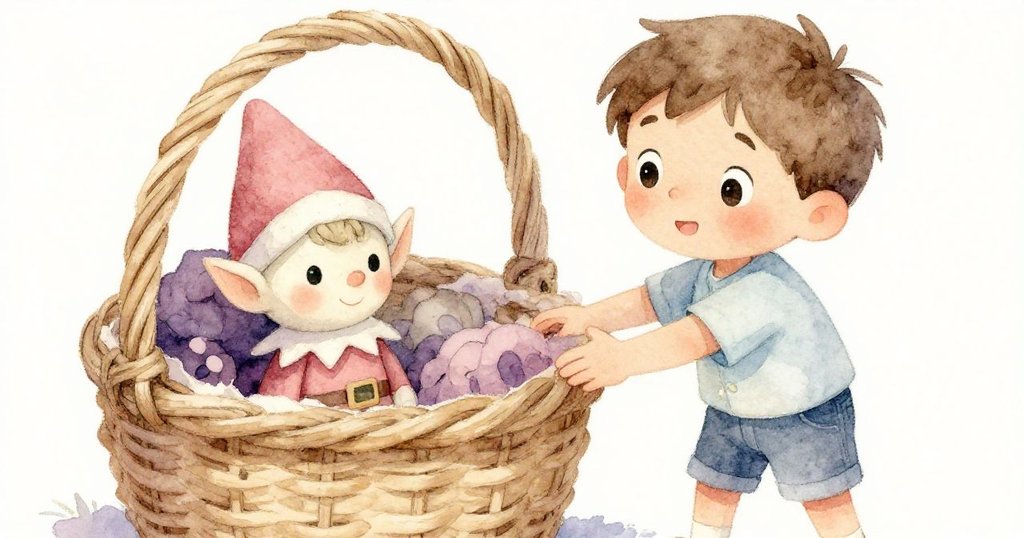 米洛輕輕拿起樹旁的小籃子，籃中可愛的玩具精靈細節生動，展現出探索未知的小心動作與溫暖氛圍。