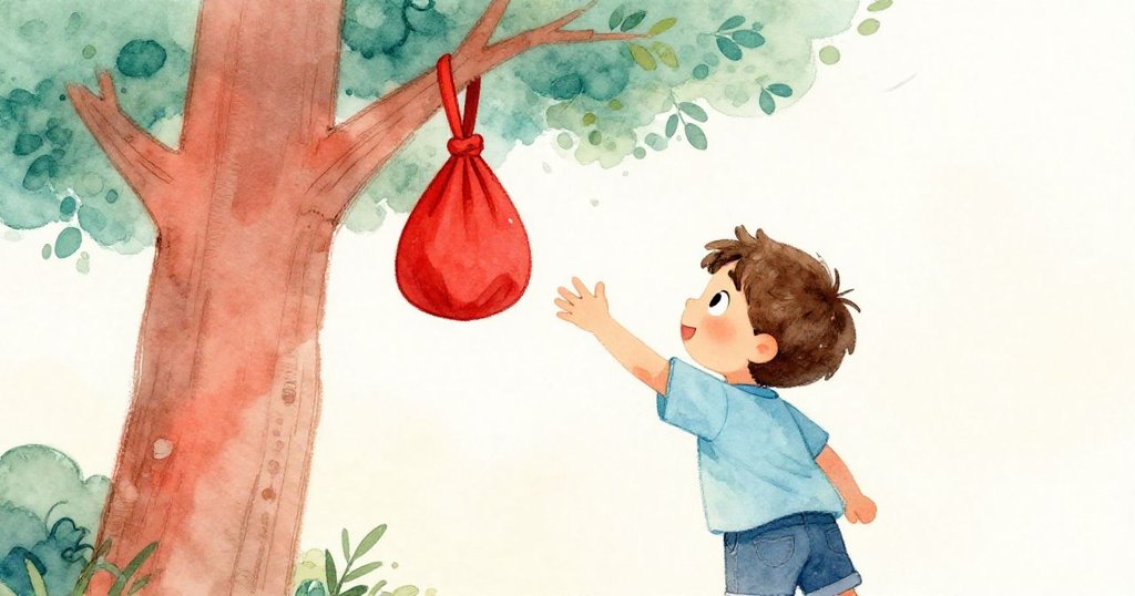 米洛從背後伸展手臂撲向樹上懸掛的紅色包袋，綠葉隨風搖曳，展現出期待與努力的生動瞬間。