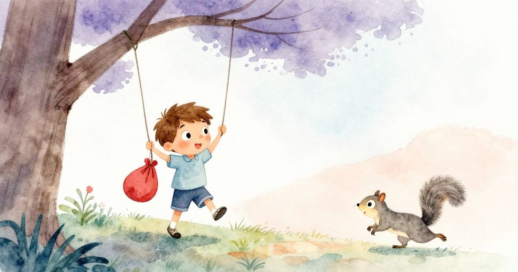 從樹枝高處俯瞰，紅包袋隨風擺動，米洛在下方注視，小灰松鼠在枝間穿梭，畫面充滿活力與動感。