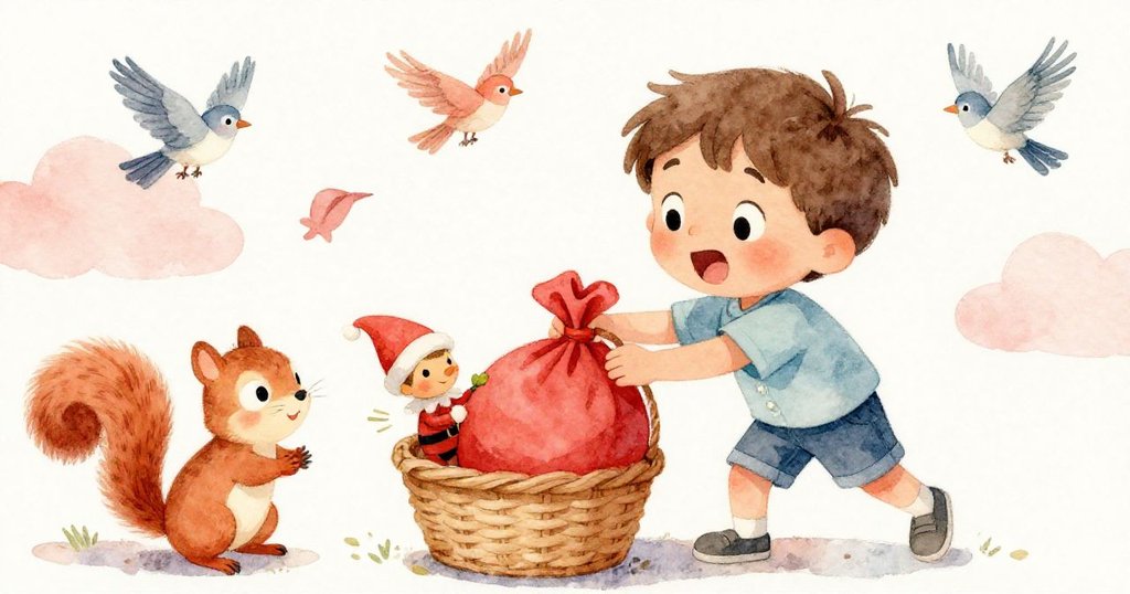 米洛驚喜地望著紅包袋和玩具精靈落入籃中，小松鼠與鳥兒圍繞慶賀，洋溢著溫暖與歡樂的場景。