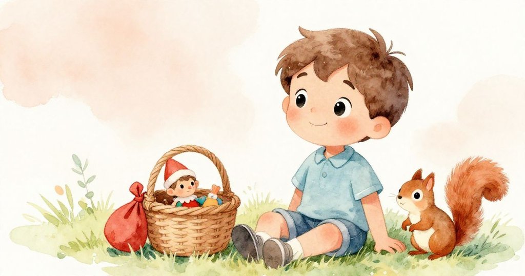 米洛坐在草地上，滿足地注視著籃子中擁有的玩具精靈和紅包袋，小松鼠靜靜陪伴，整個場景洋溢著平和與溫暖。