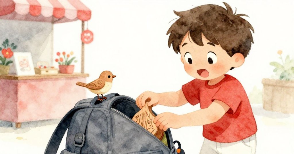 Leo在帳篷旁仔細打開背包，展示木雕和搖晃小鳥，表情滿是期待與喜悅，背景有亮麗花卉。