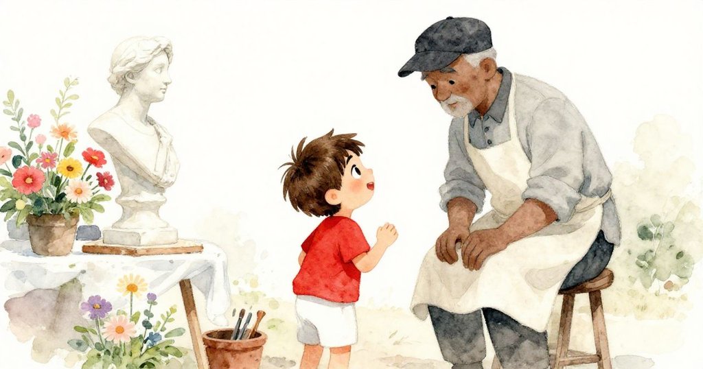 從低角度看，Leo仰望著忙碌準備攤位的雕塑家，背景飾有明亮花卉，充滿敬意與期待情感。