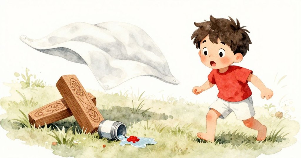 突如其來的風吹起桌布，木雕翻滾下坡，水罐傾瀉灑下草地，Leo驚慌失措，背景呈現動態戶外場景。