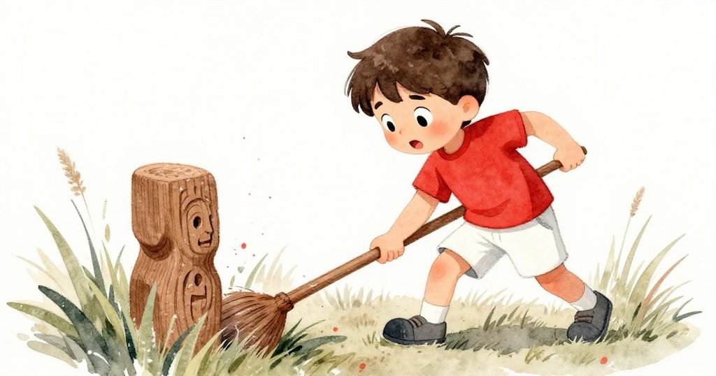 Leo淋濕鞋子仍堅定地用細棍掃過長莖，找回濕光閃爍的木雕，表情專注有毅力，展現困難時刻。