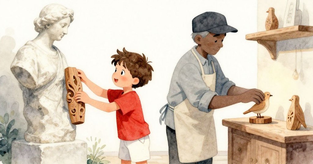 夕陽余暉下，雕塑家擺放木雕於石像旁，Leo心情平靜將小木鳥放於展示架上，場景寧靜溫馨，故事完結。