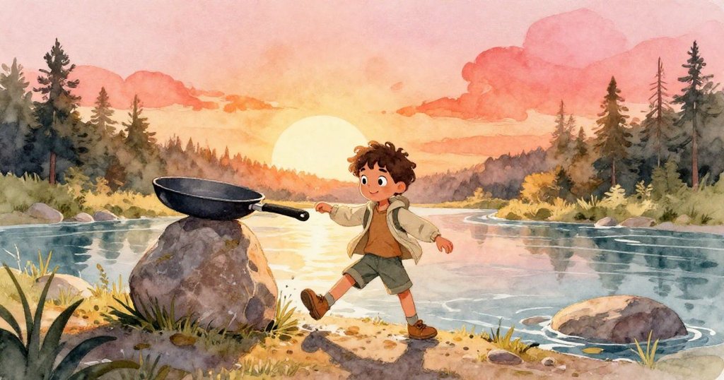 本滿懷期待步入樹影交錯的河岸入口，走向石上平衡鍋具，展現堅定決心與自然美景