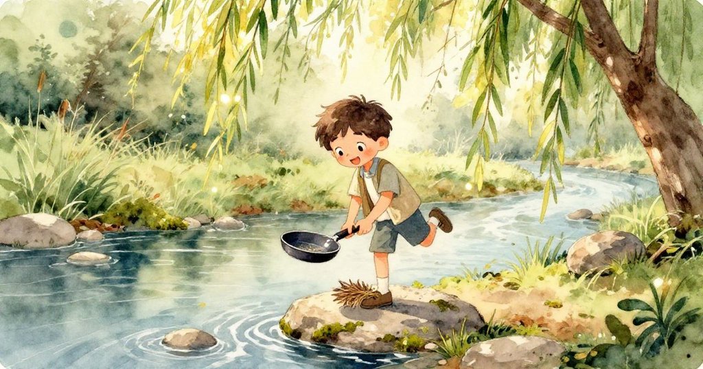 本用手指輕觸鍋柄內藏的小打火機，臉上驚訝表情盡現，細膩展現秘密發現與好奇心