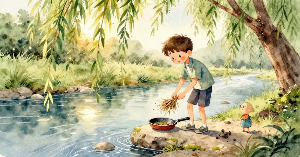 本畫面左側風力驟起木堆紛飛，右側本低身在沙邊細劃計劃，展現解決難題中的動感及專注神情