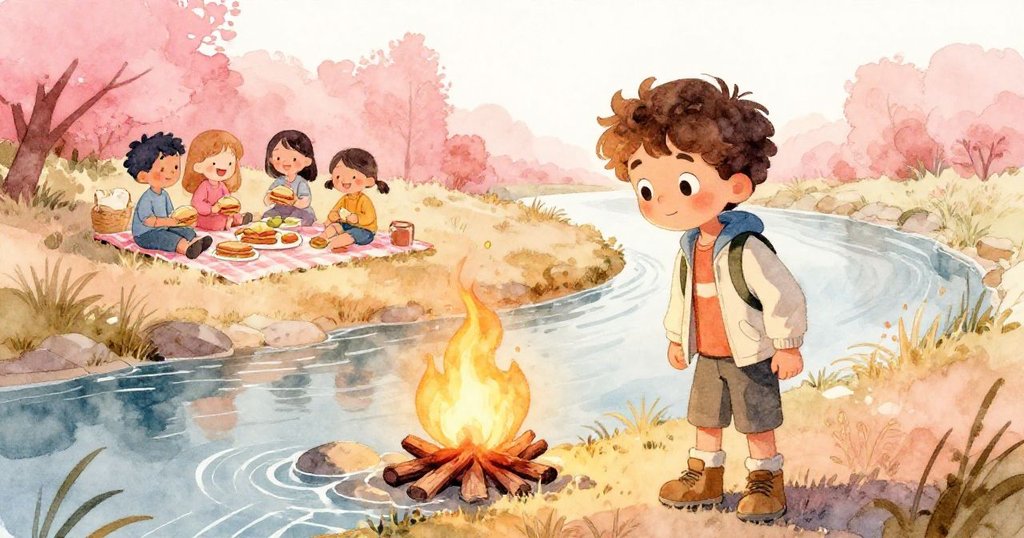 本於河邊野餐現場中，本專注製火背景下，遠處野餐夥伴歡笑共享餐點，氣氛溫馨愉悅