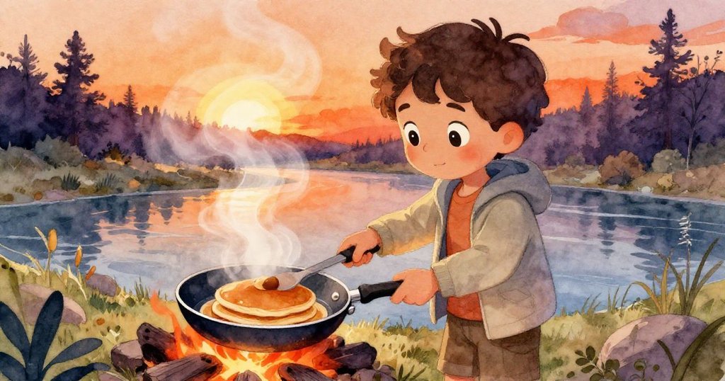 本在夕陽餘暉中，專注滑鍋於炭火上煮煎餅，蒸汽上升映出金橘光輝，呈現滿足安心神情