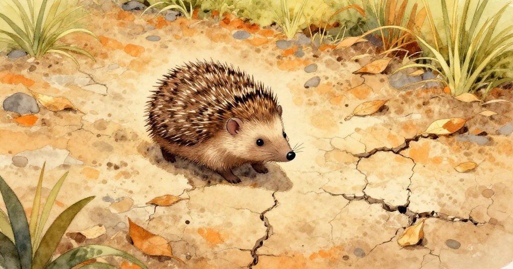 刺蝟在高空鳥瞰的炎熱荒園中行走，土裂枝枯，展現初始冒險，表情專注與期待。