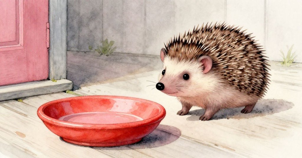 刺蝟背影靠近陳舊瓷盤，盤中僅存淺淺水痕，場景充滿寂寥與期待，上演冒險過程。