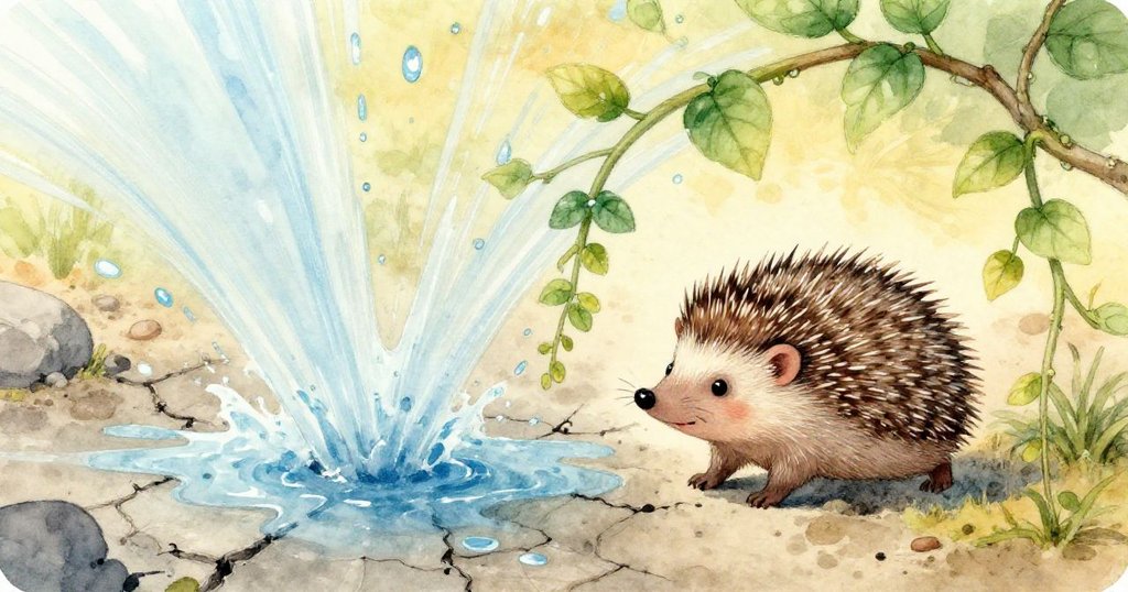 突如其來噴水器噴出清涼水流灑向焦土，刺蝟驚慌躲入枯藤下，場面瞬間變化激動人心。