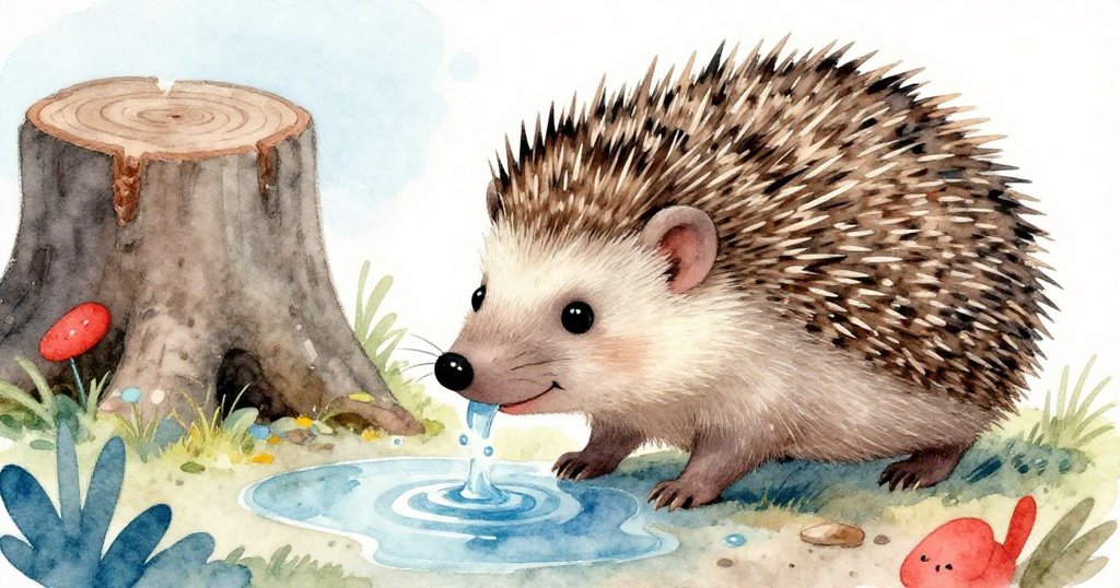 刺蝟在濕潤鏡面般小水池旁品嘗清水，臉上流露欣喜與釋然，場景呈現轉機與歡欣。