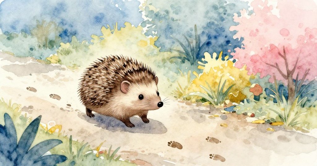 刺蝟沿著新濕路徑前行，小泥跡映出新的希望，背景展現復甦園景，呈現充滿期待與未來開展。