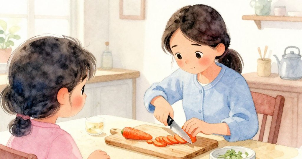 Mira背對觀者,專注握住鋸齒刀切胡蘿蔔,桌上散落著切片,呈現出堅定且溫暖的烹飪情境。