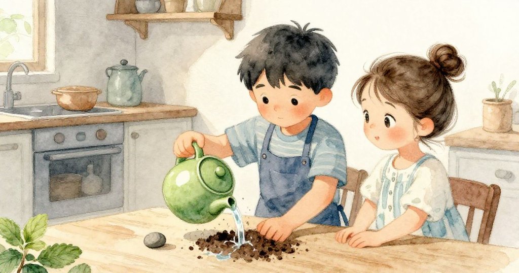 隱蔽角落中薄荷盆因石子影響傾斜,Leo舀土、Mira拍水,細節溫馨呈現家庭互助情景。