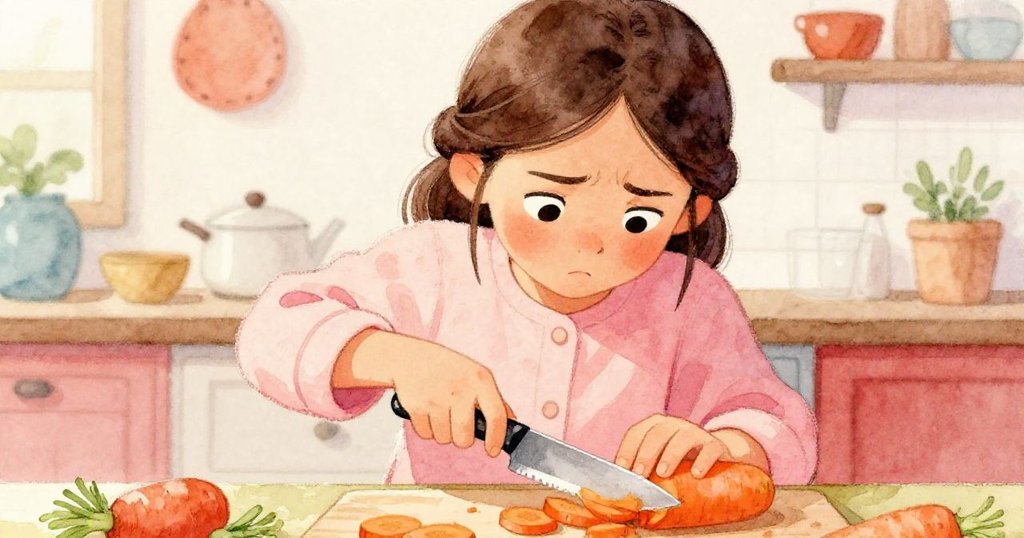 Mira專注努力切胡蘿蔔,臉上顯露堅毅與小困惑,桌面散落不完美切片,烘托出家庭烹飪挑戰。