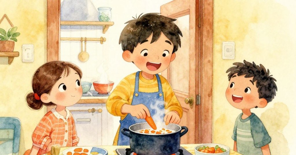 Drew步入走廊,笑容燦爛協助加入胡蘿蔔,Leo與Mira滿懷欣慰,兩碗熱湯蒸氣升騰,象徵新友誼。