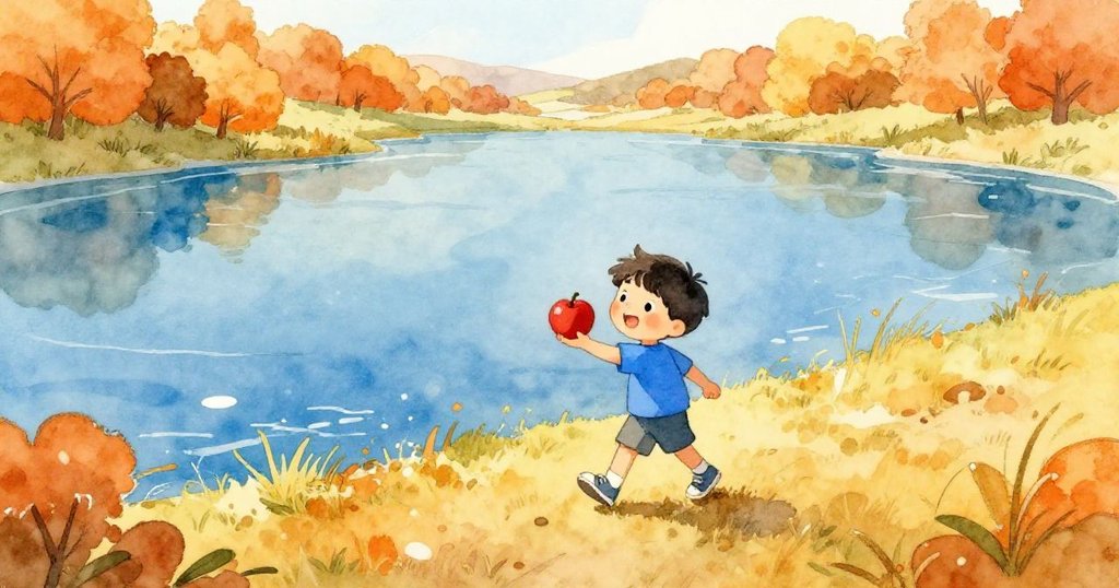 Leo在湖邊漫步,手持紅蘋果,光影明亮,天空與湖面交織,充滿期待與探險的情緒。