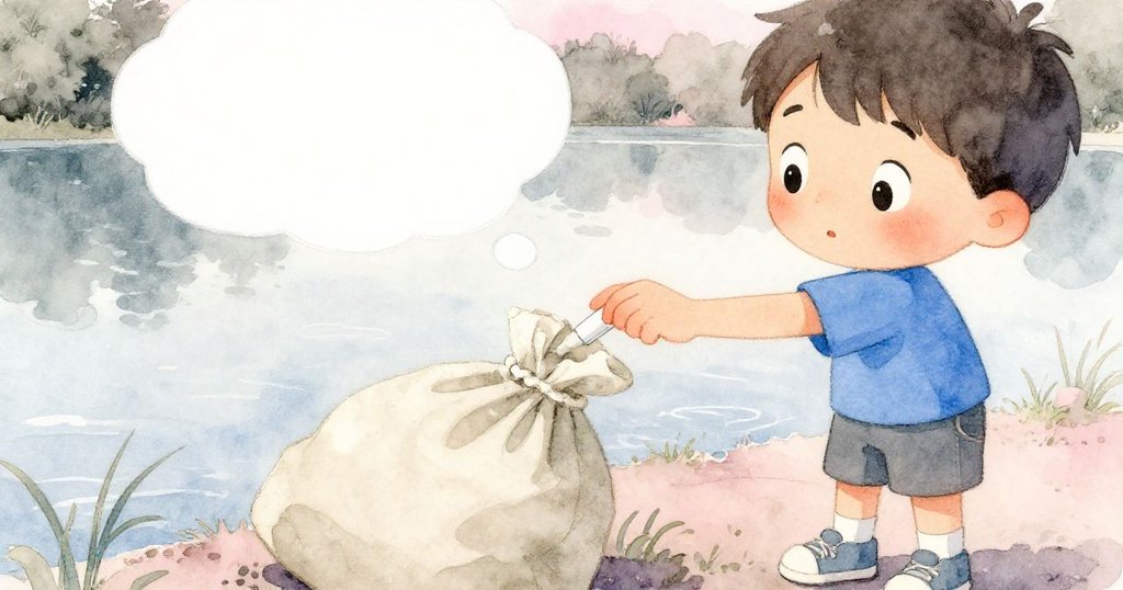 Leo檢查印有白色心形的背包,細膩觀察,臉上流露好奇微笑,湖邊自然環境襯托著童趣氛圍。