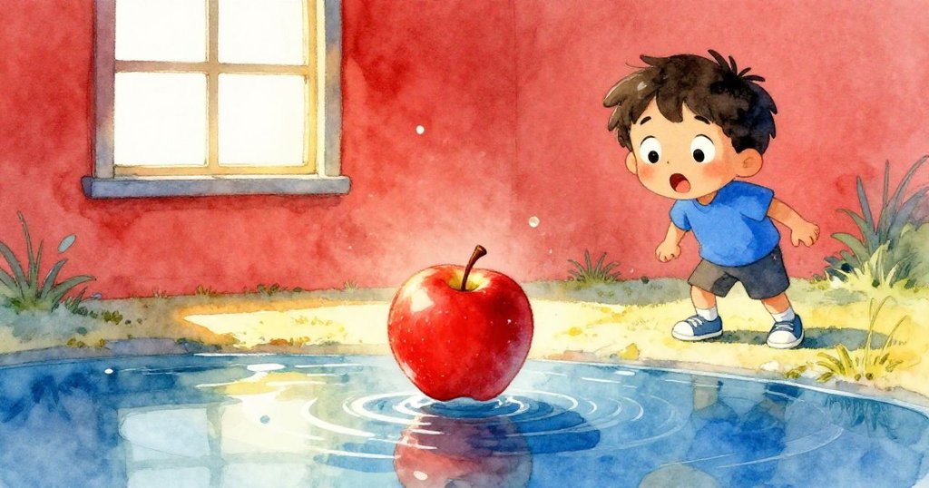 紅蘋果從Leo手中滑落,落向波光粼粼的湖面,倒影如窗展現奇幻光影,Leo驚訝神情呼應情節發展。