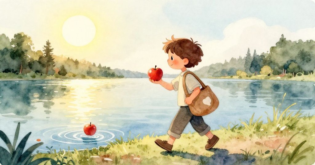 蘋果輕輕落在隱蔽的草地上,湖邊綠茵中隱藏著秘密的自然角落,細膩光線流露溫馨與神秘情懷。