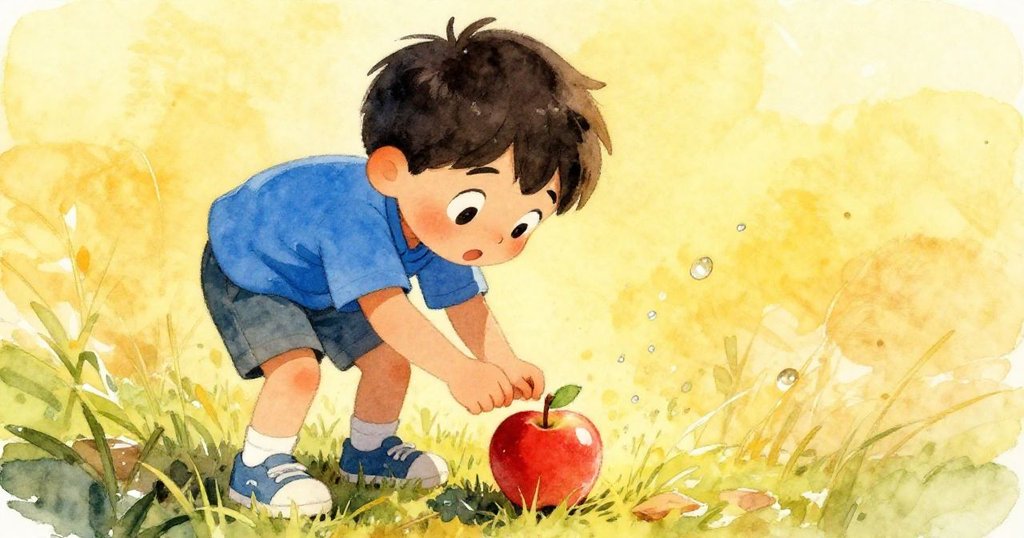 Leo專注彎腰撿起蘋果,臉上展現決心與喜悅,陽光下水滴閃爍,草地與湖邊共同見證轉折時刻。