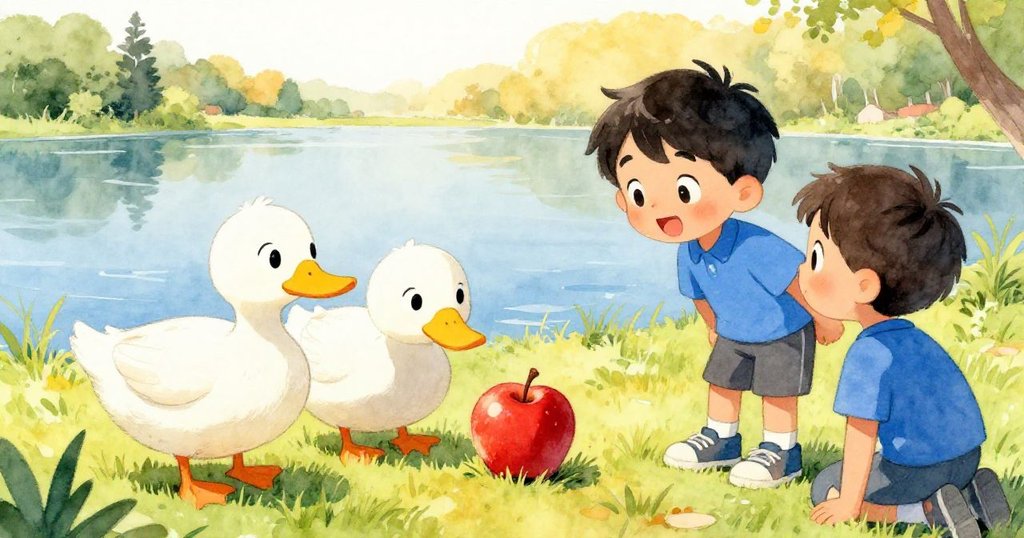 兩隻快樂鴨子用喙輕推蘋果向岸邊移動,Leo露出感激笑容,湖邊草地與水面呈現和諧暖心結局。