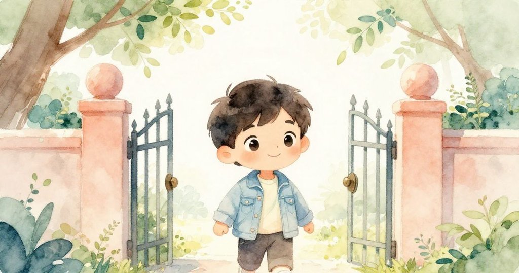 馬庫斯手持畫冊和顏料通過公園大門，晨光柔和，背景綠意盎然，臉上充滿期待與喜悅。