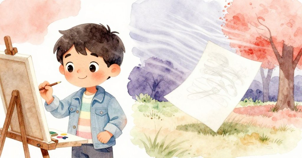 馬庫斯一邊揮動畫筆創作，一邊驚訝地看著被風捲起的畫紙，畫面分割呈現連續劇情，充滿色彩與動感。