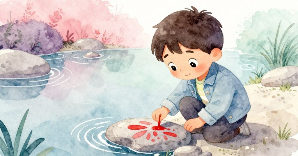 馬庫斯站在池塘邊，仔細看著紅色顏料在灰石上形成意外圖案，水面微波蕩漾，神情充滿驚喜與好奇。