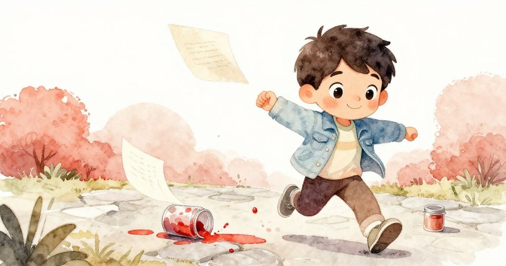 馬庫斯急追飄走的畫紙，跌倒時顏料瓶滾落散出紅色，動作急促中透露出緊張與逗趣掙扎。