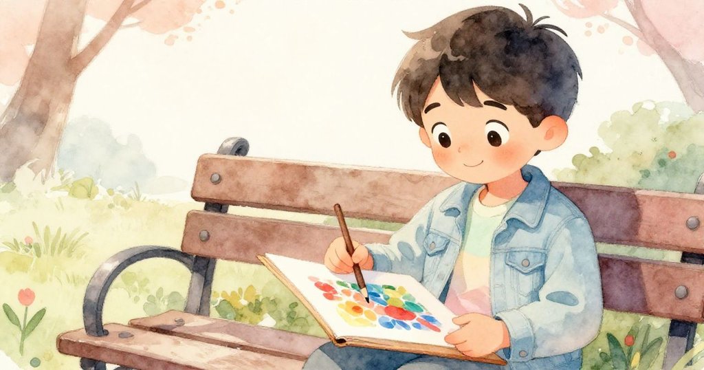 馬庫斯坐在公園長椅上，雙手輕撫著收藏的藝術畫作，臉上流露滿足與平靜，微光映襯出溫柔情感。