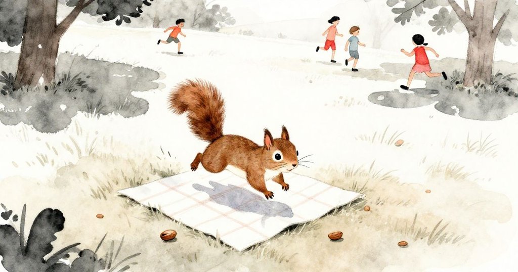 高角度視角展示松鼠跳向野餐布,球員奔跑追逐,散落花生滾動,現場活力推向高潮。