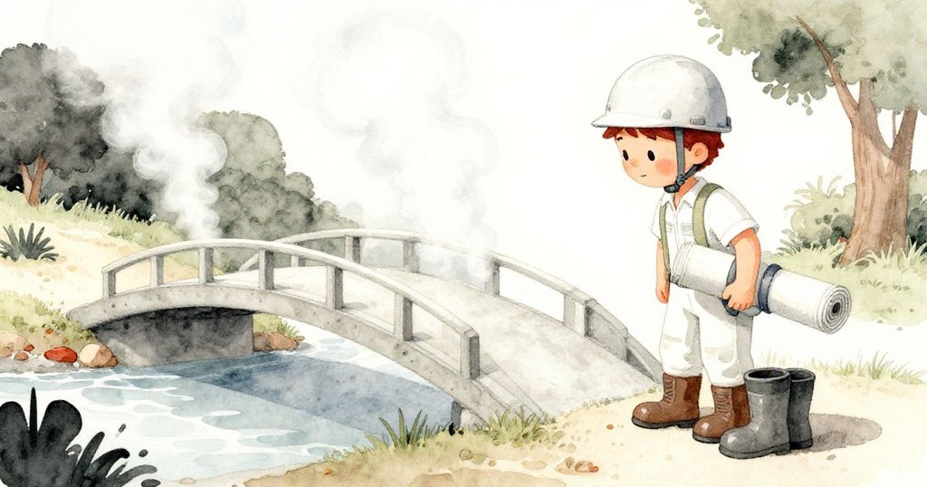 建築師戴淺色安全帽專注檢查腳橋,蒸汽輕繞混凝土,現場充滿夢幻光影,推進故事進程。