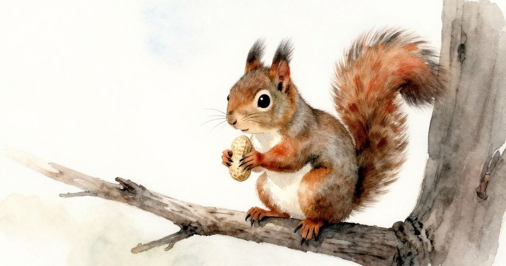 松鼠安坐樹枝,靜享藍天廣闊,珍貴花生緊握爪中,舒緩心情呈現冒險後寧靜結尾。