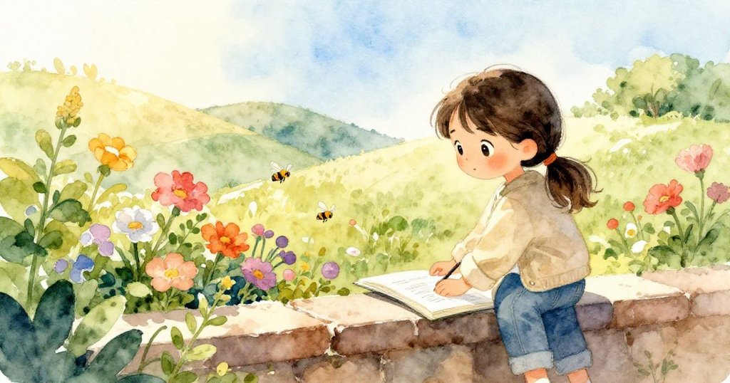 瑪拉在花壇旁的矮牆上擺放畫冊，背景是起伏的丘陵和繁花盛開，神情期待，展現故事開端。