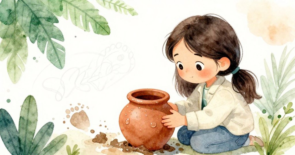 瑪拉彎腰觀察帶露水的陶罐中映出的模糊畫稿與泥跡，呈現自然與創意交融的溫馨情境。