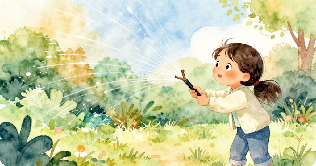 瑪拉在陽光變幻中面對灑水器噴出的水柱，迅速折斷樹枝當作筆，動作果斷，展現臨場調整的決心。