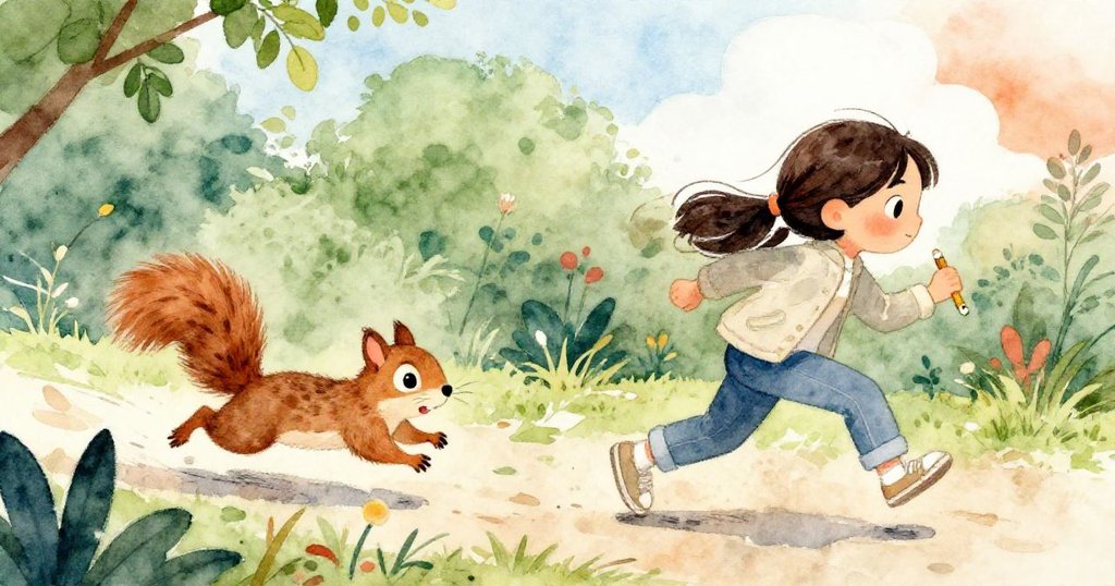 瑪拉追逐著搶走鉛筆的松鼠，動作靈活又專注，花園中散落著橡實，形成生動有趣的追逐場景。