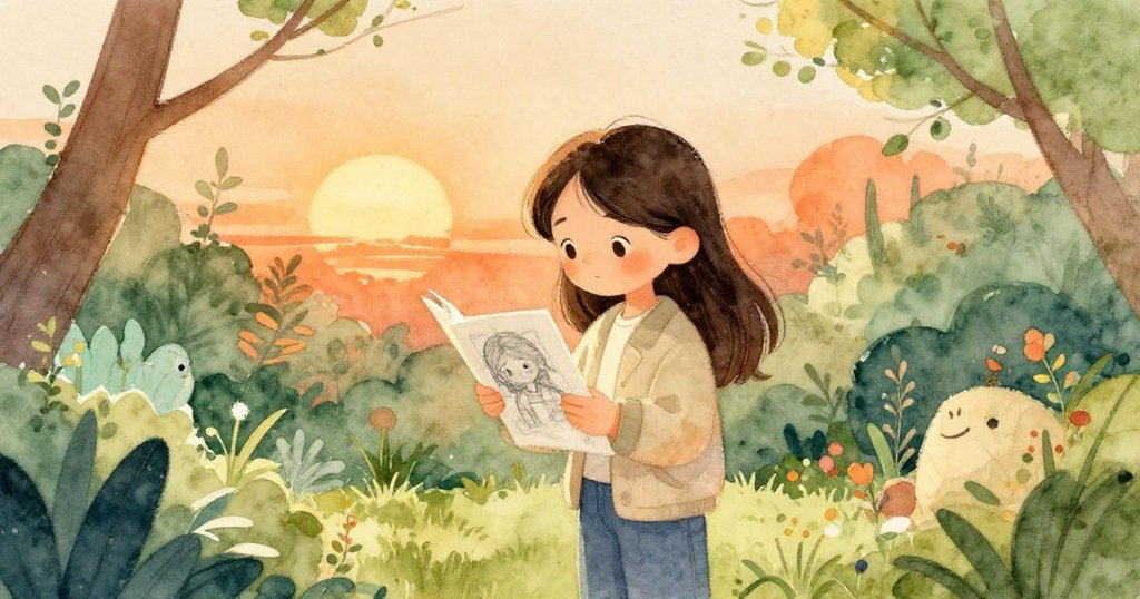 瑪拉靜立欣賞融合傾瀉痕跡與層次豐富樹影的畫作，夕陽餘暉灑落，表現出創作過程中的失落與重生。