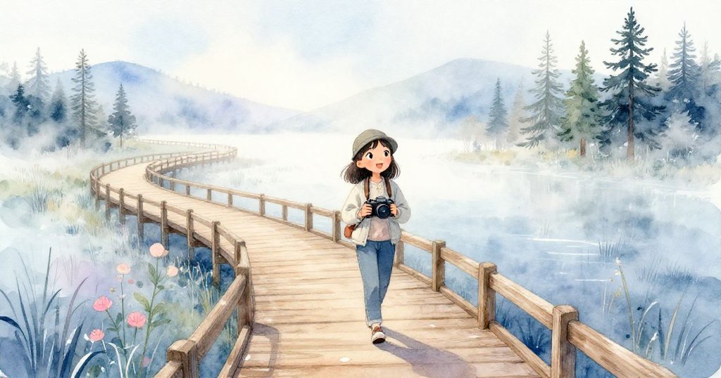 馬里斯踏上彎曲的木板走道,晨霧環繞濕潤草地,眼中充滿希望與好奇,背景呈現寧靜沼澤風光。