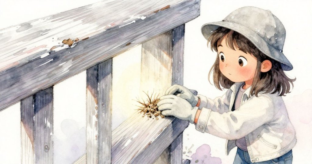 馬里斯用手輕觸剝落漆面的木欄杆,閃亮的釘子和陳舊木板訴說著歲月流逝,展現寧靜歷史情懷。